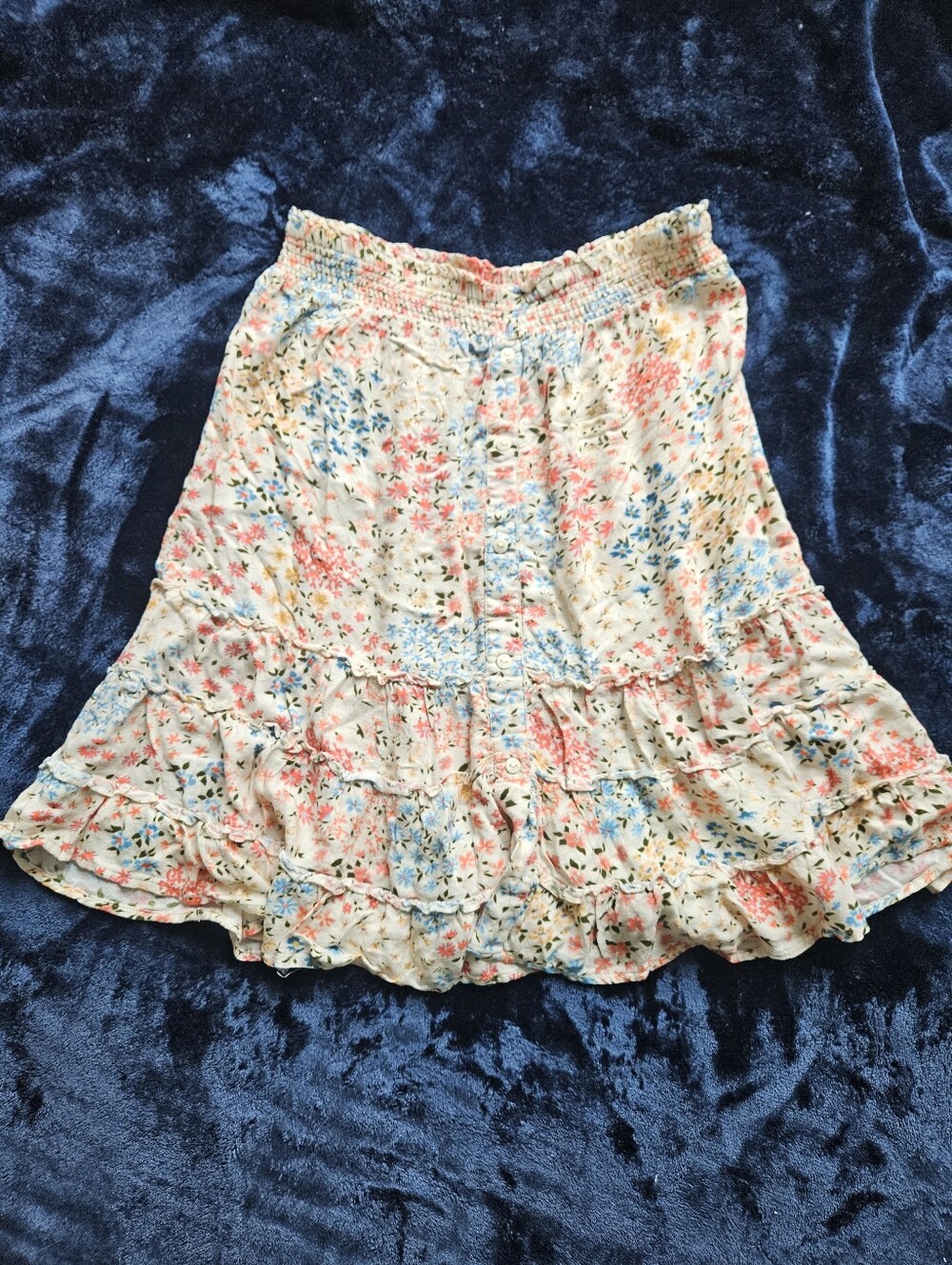 Floral Ruffle Tiered Skirt - Cream with Pink & Blue Flowers